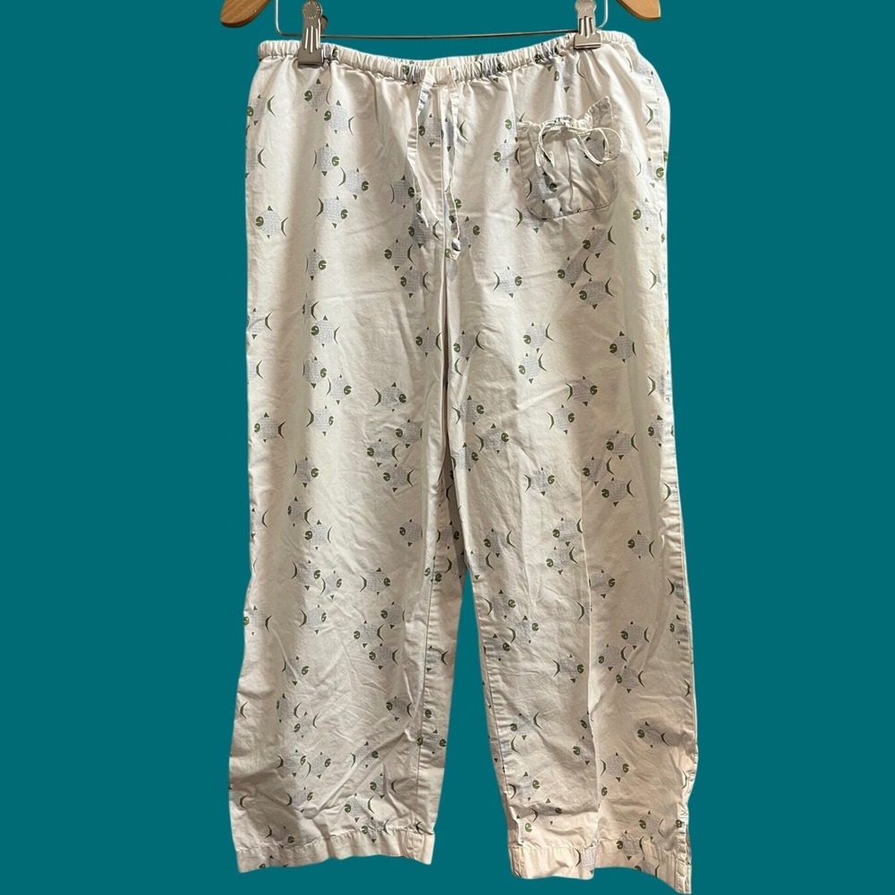 Old Navy Pajama Pants Womens S White Green Fish Print Cotton Drawstring Lounge